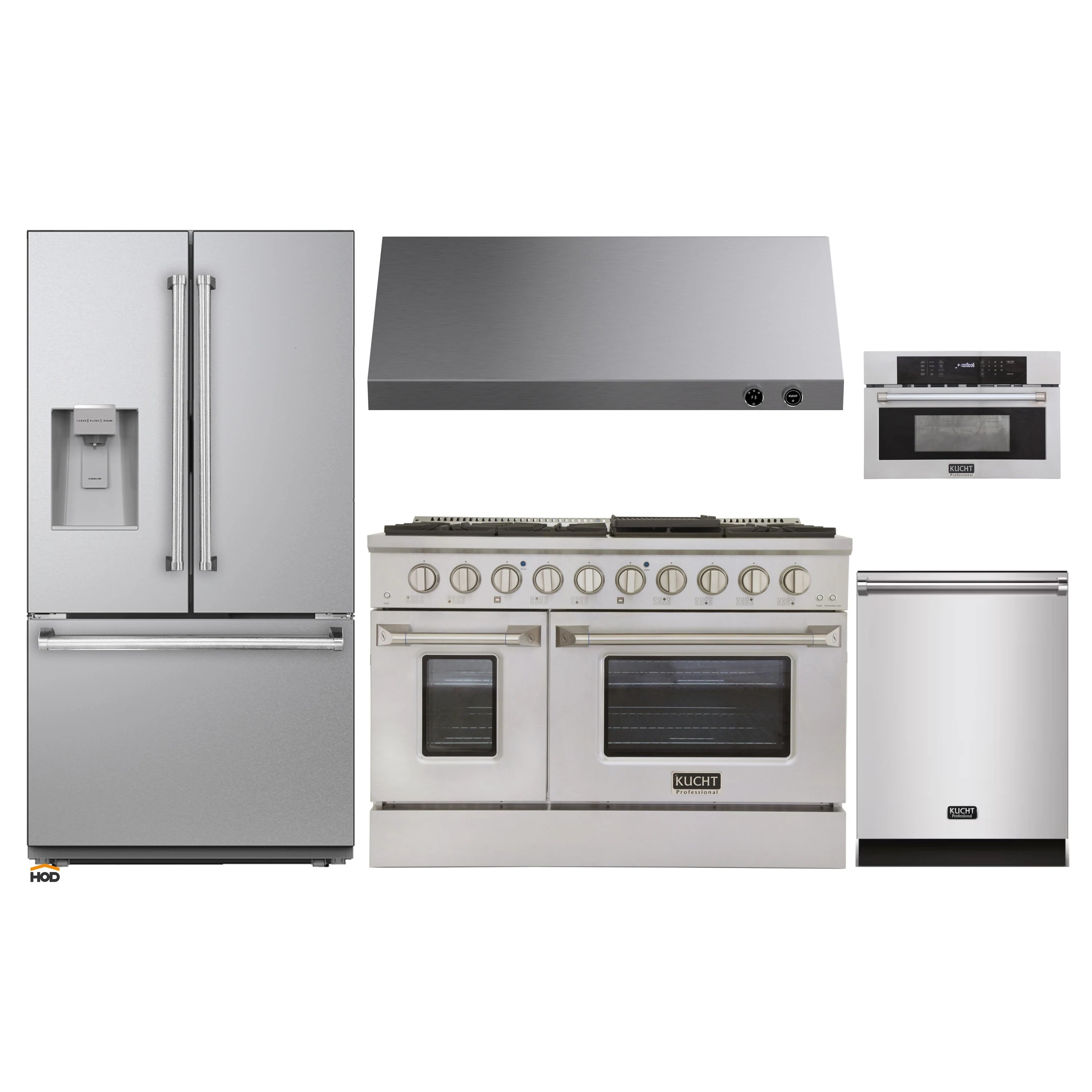 Stainless steel appliance package: refrigerator, dual fuel range, and wall oven set