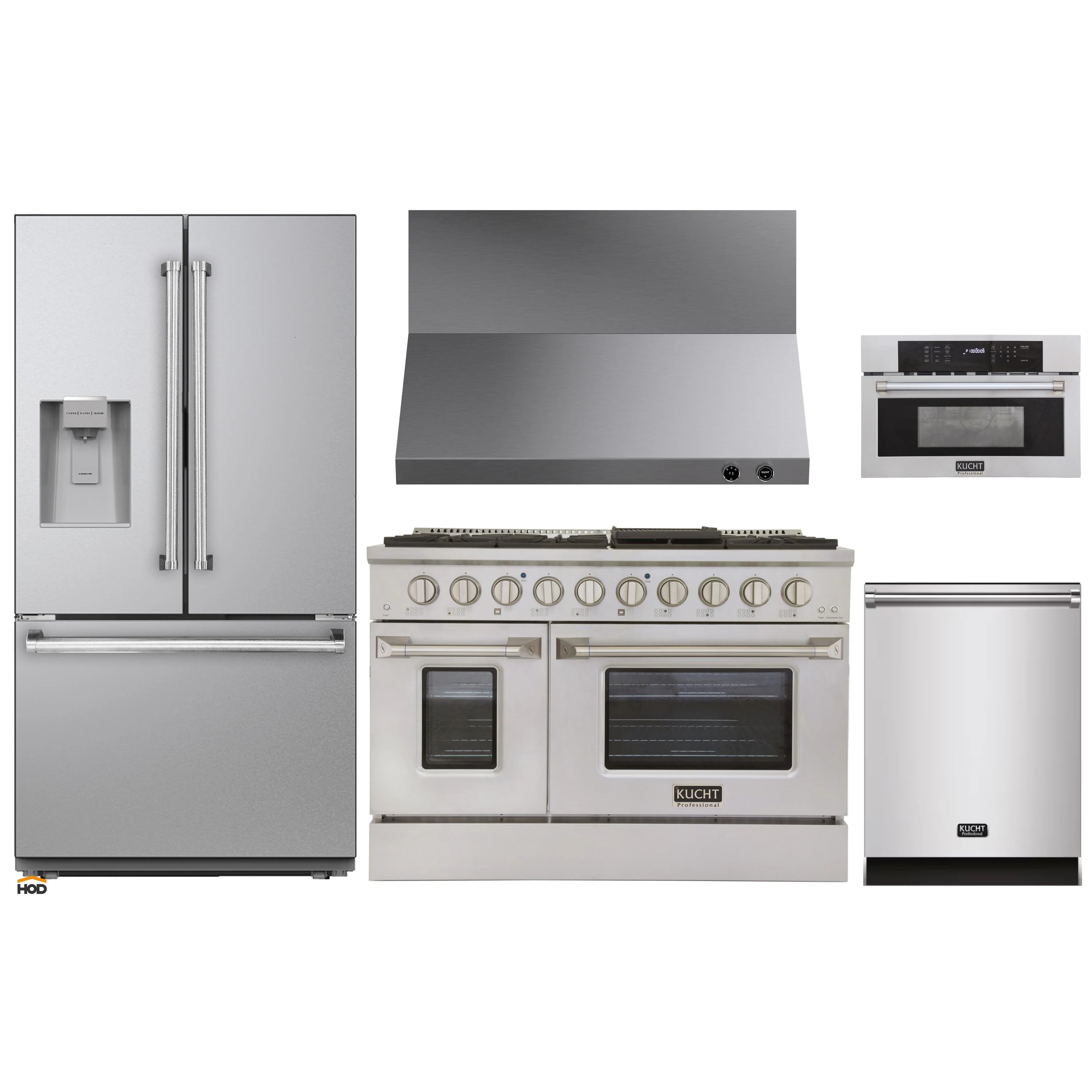 Kitchen appliance package featuring refrigerator, range, wall ovens, and microwave