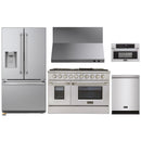 Kucht 5-Piece Appliance Package - 48-Inch Dual Fuel Range in Propane Gas, 36-Inch Refrigerator with Water Dispenser, Dishwasher, Wall Mount Range Hood, & Microwave Wall Oven in Stainless Steel