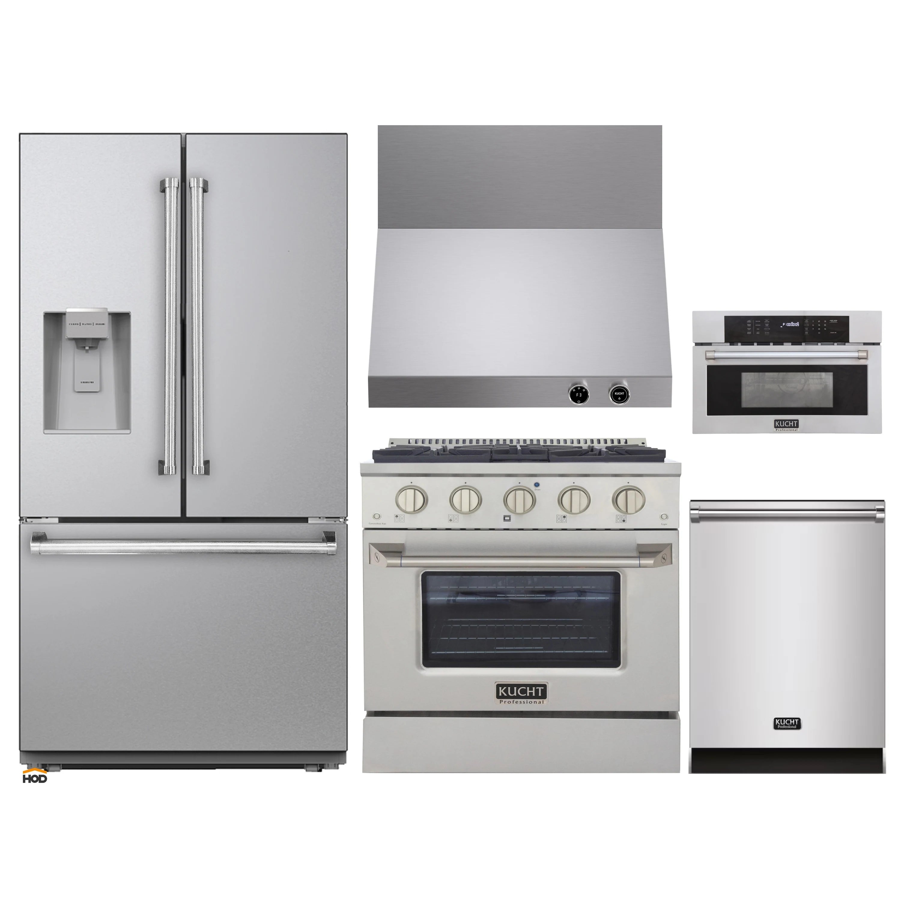 Kitchen appliance set: stainless refrigerator, range with griddle, dishwasher, and microwave drawers