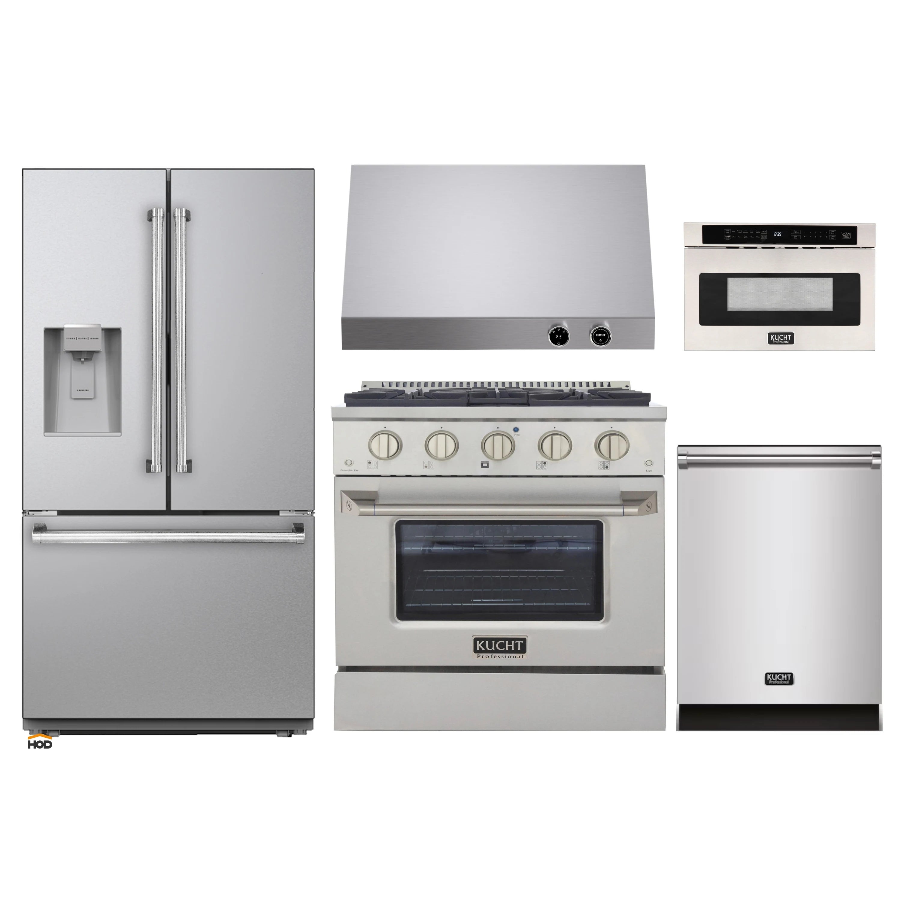 Stainless kitchen appliance package with refrigerator, range, hood, microwave, and dishwasher