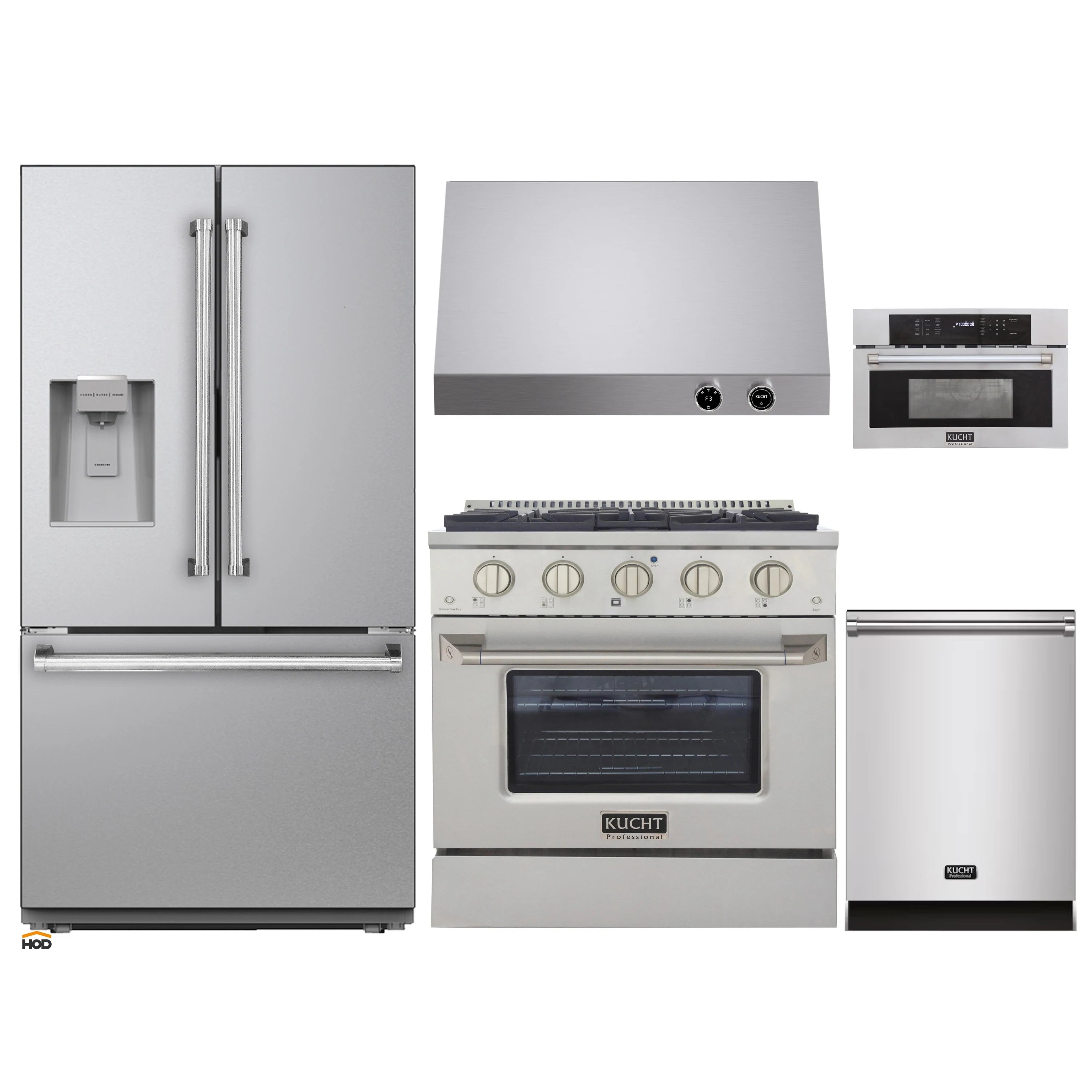 Kucht kitchen appliance package with refrigerator, gas range, dishwasher, and microwave