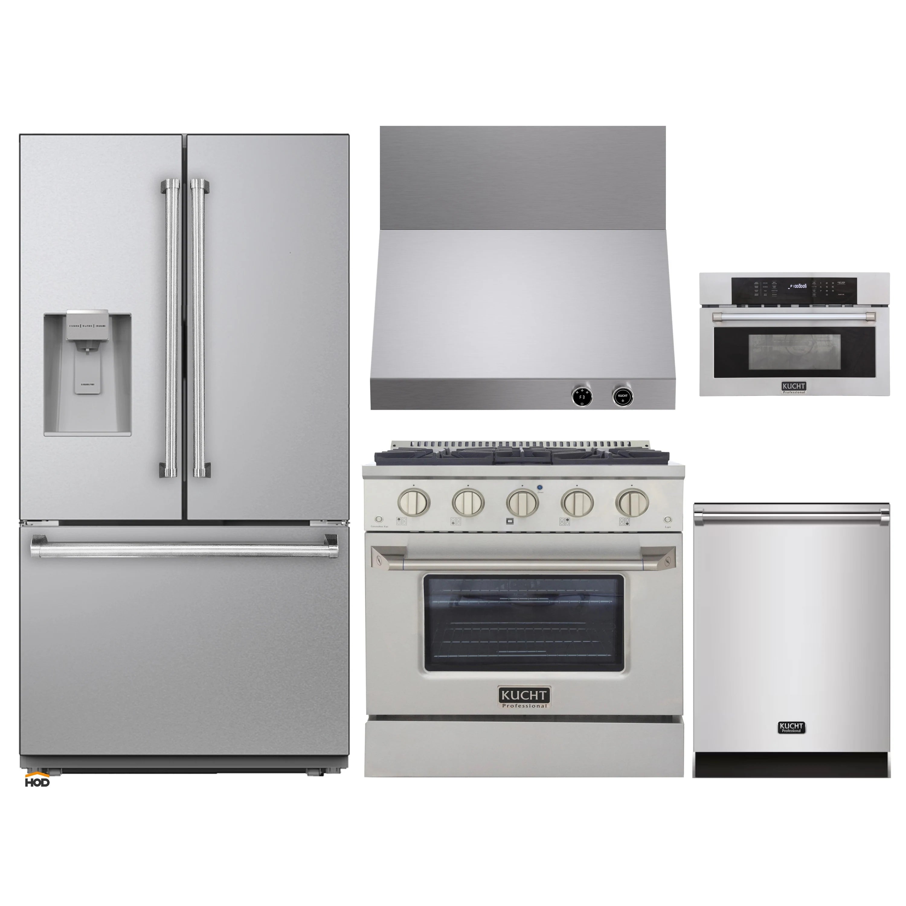 Stainless steel 5-piece appliance package with refrigerator, range, dishwasher, hood, microwave