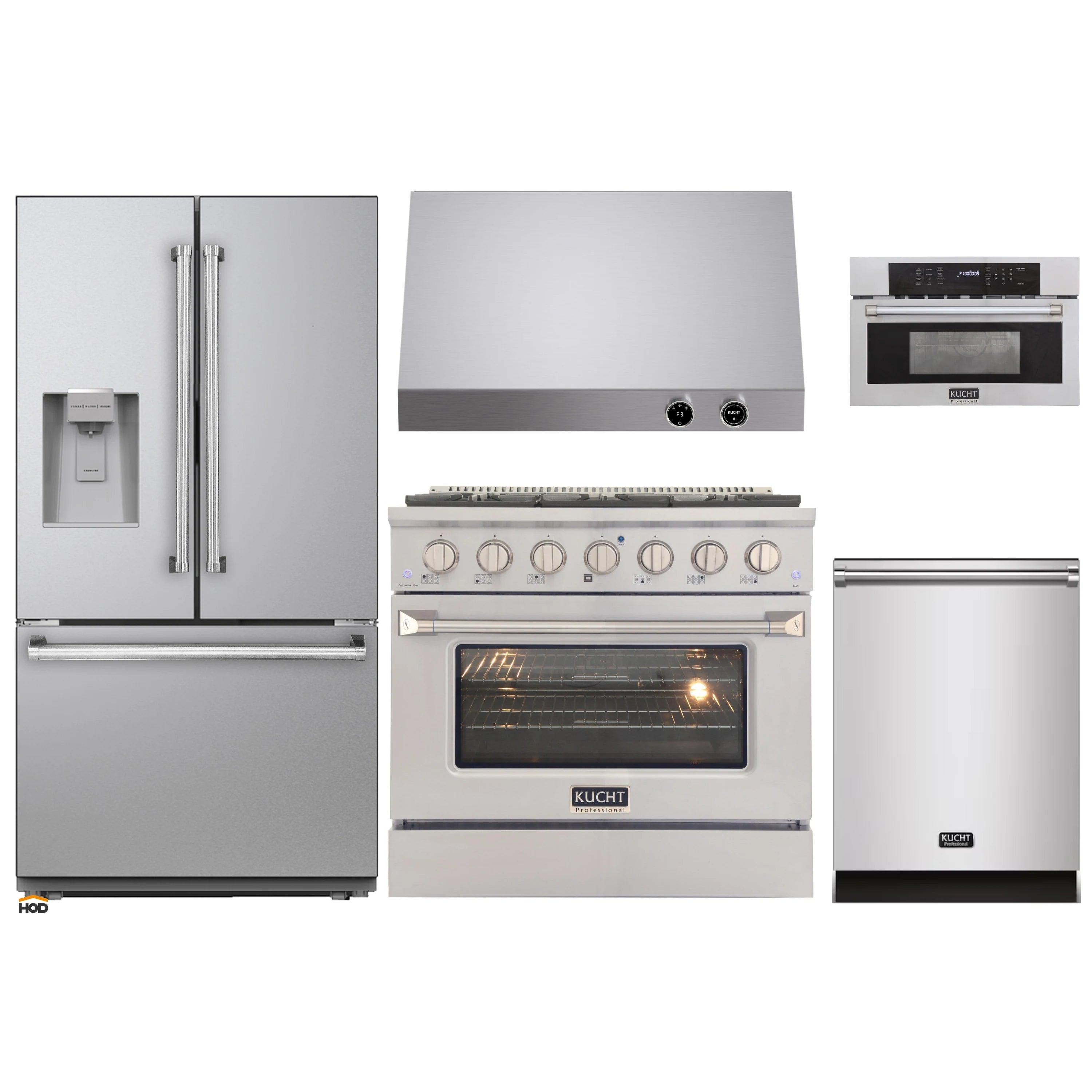 Kucht 5-piece stainless appliance package: refrigerator, gas range, dishwasher, wall oven, microwave
