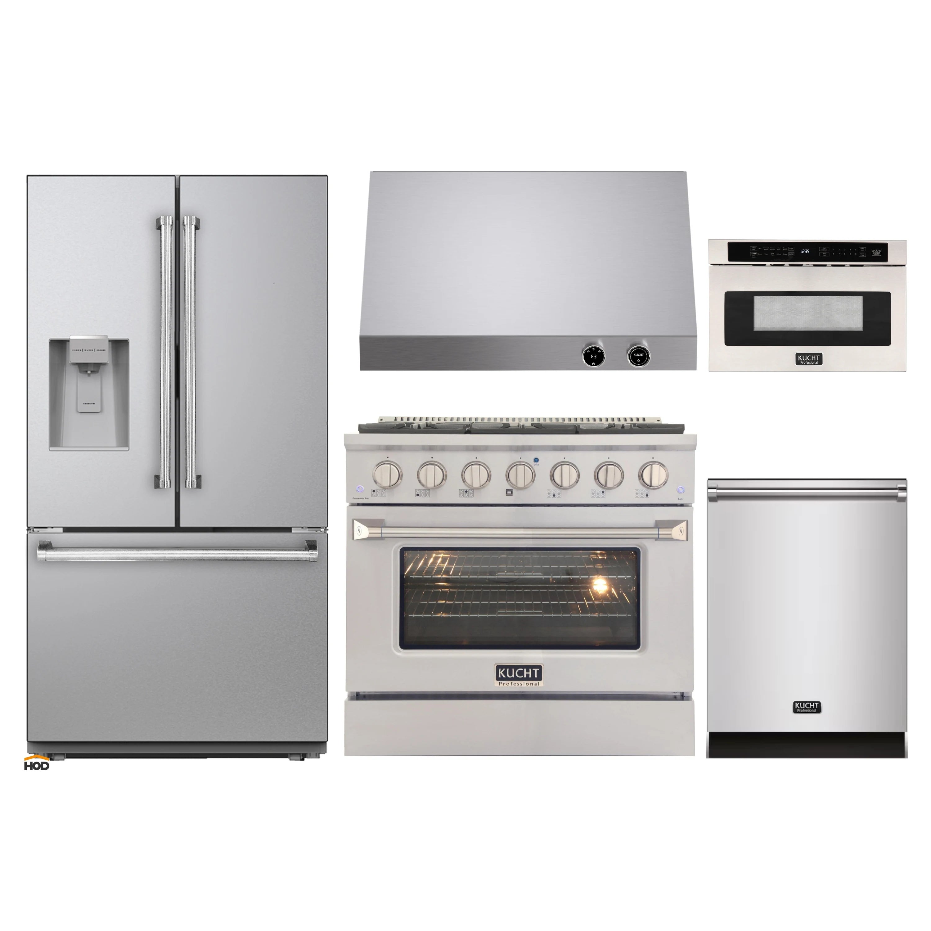 Stainless steel 5-piece appliance package: refrigerator, gas range oven, dishwasher, hood and microwave drawer