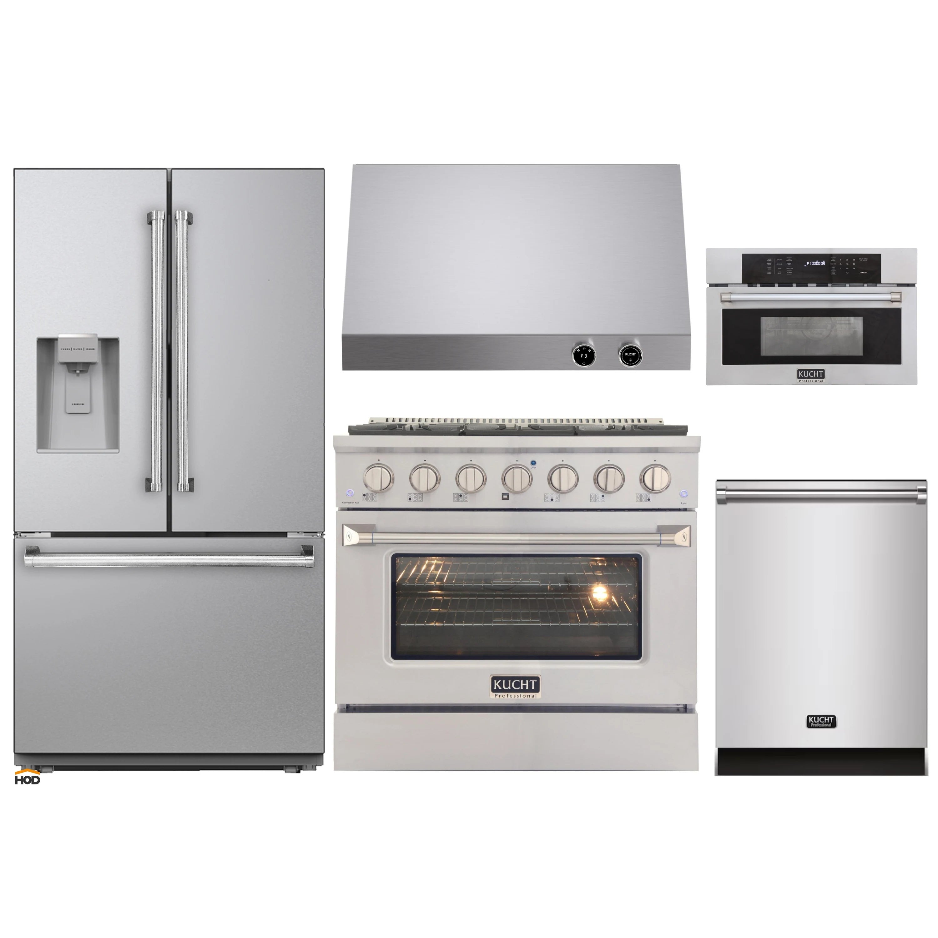 Stainless steel kitchen appliance set with refrigerator, range, oven, dishwasher, and hood