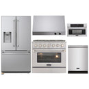 Kucht 5-Piece Appliance Package - 36-Inch Propane Gas Range with 5.2 Cu. Ft. Oven, 36-Inch Refrigerator with Water Dispenser, Dishwasher, Microwave Wall Oven & Under Cabinet Range Hood in Stainless Steel