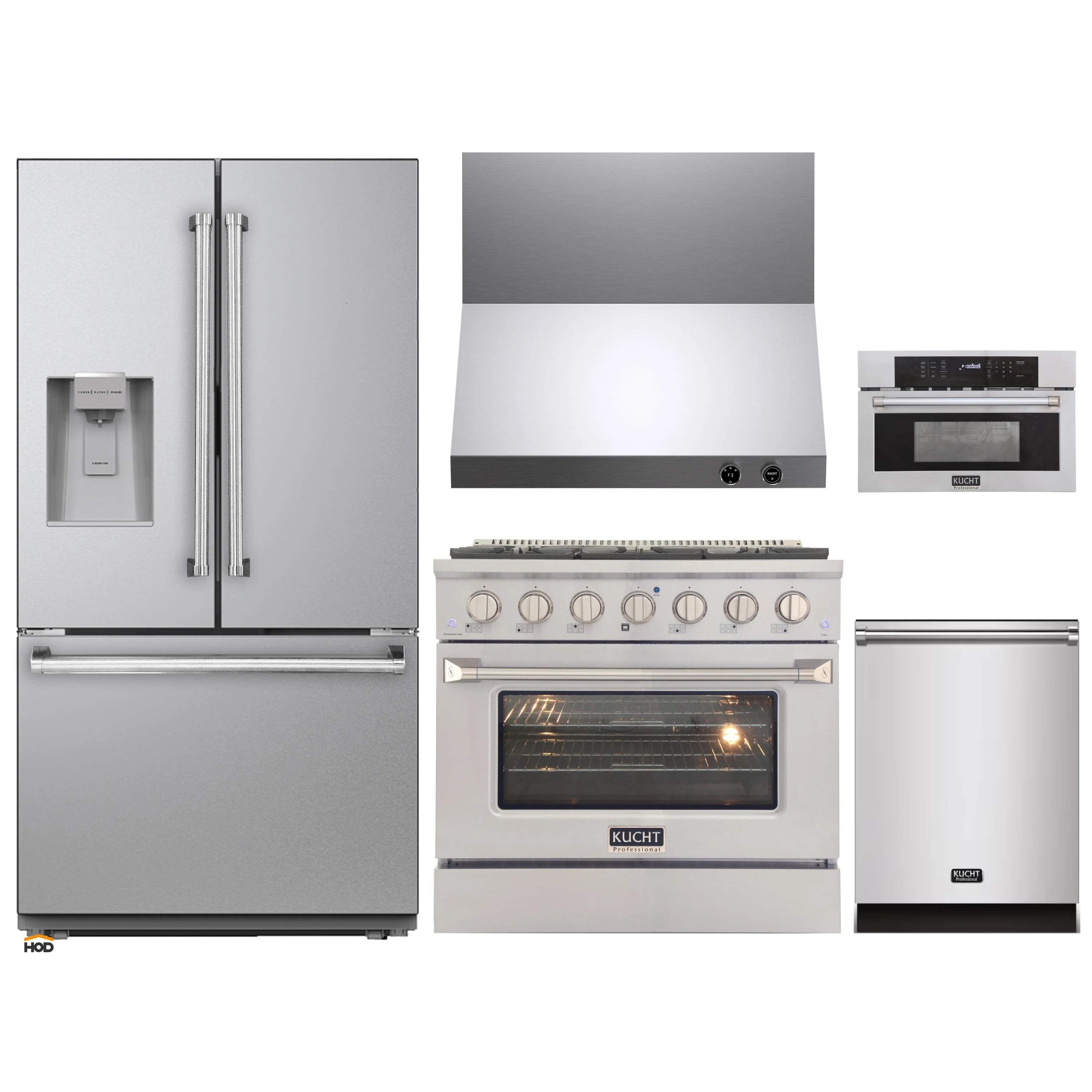 Stainless steel appliance set: refrigerator, range, wall oven, hood, and microwave