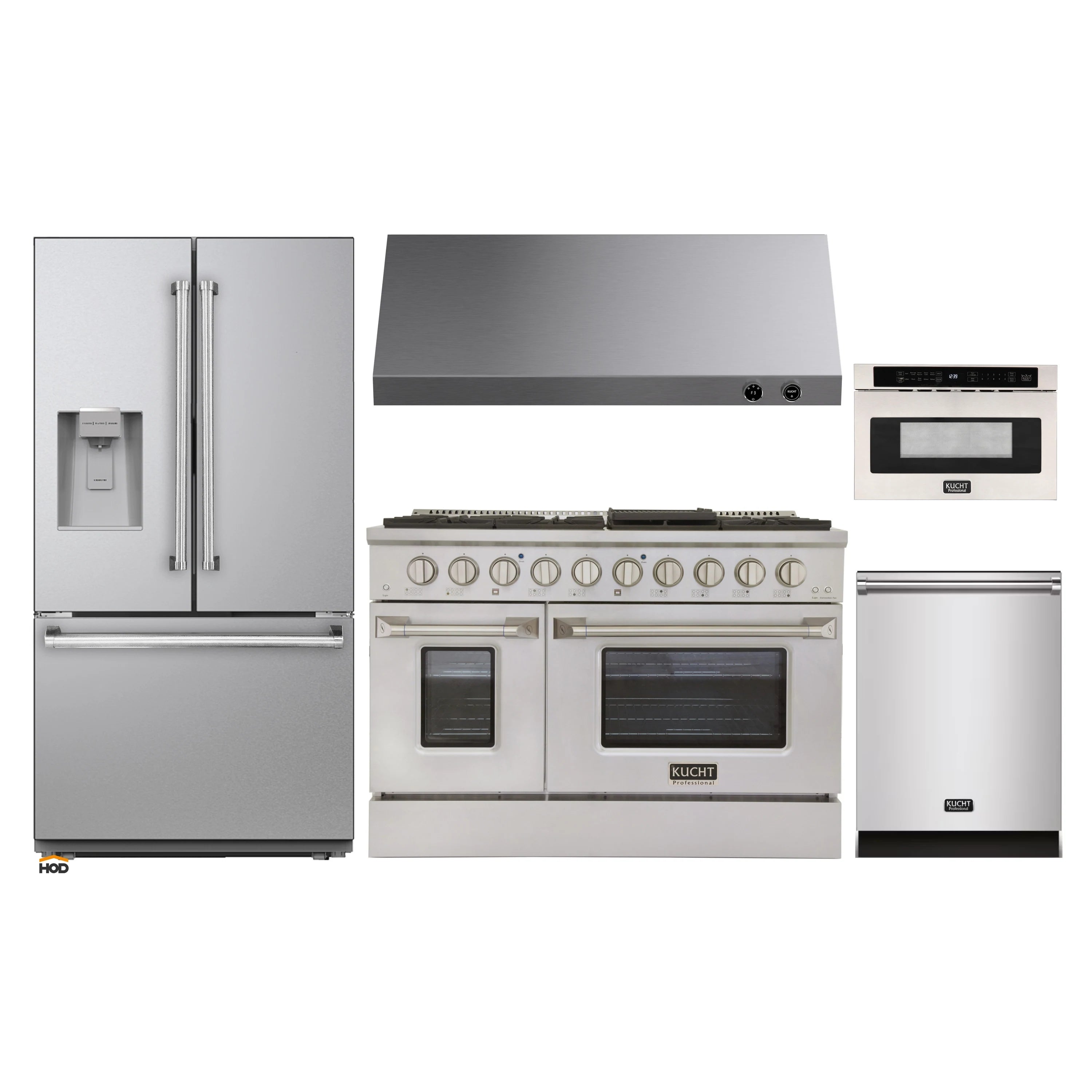 Stainless steel Kucht appliance bundle featuring refrigerator and oven range