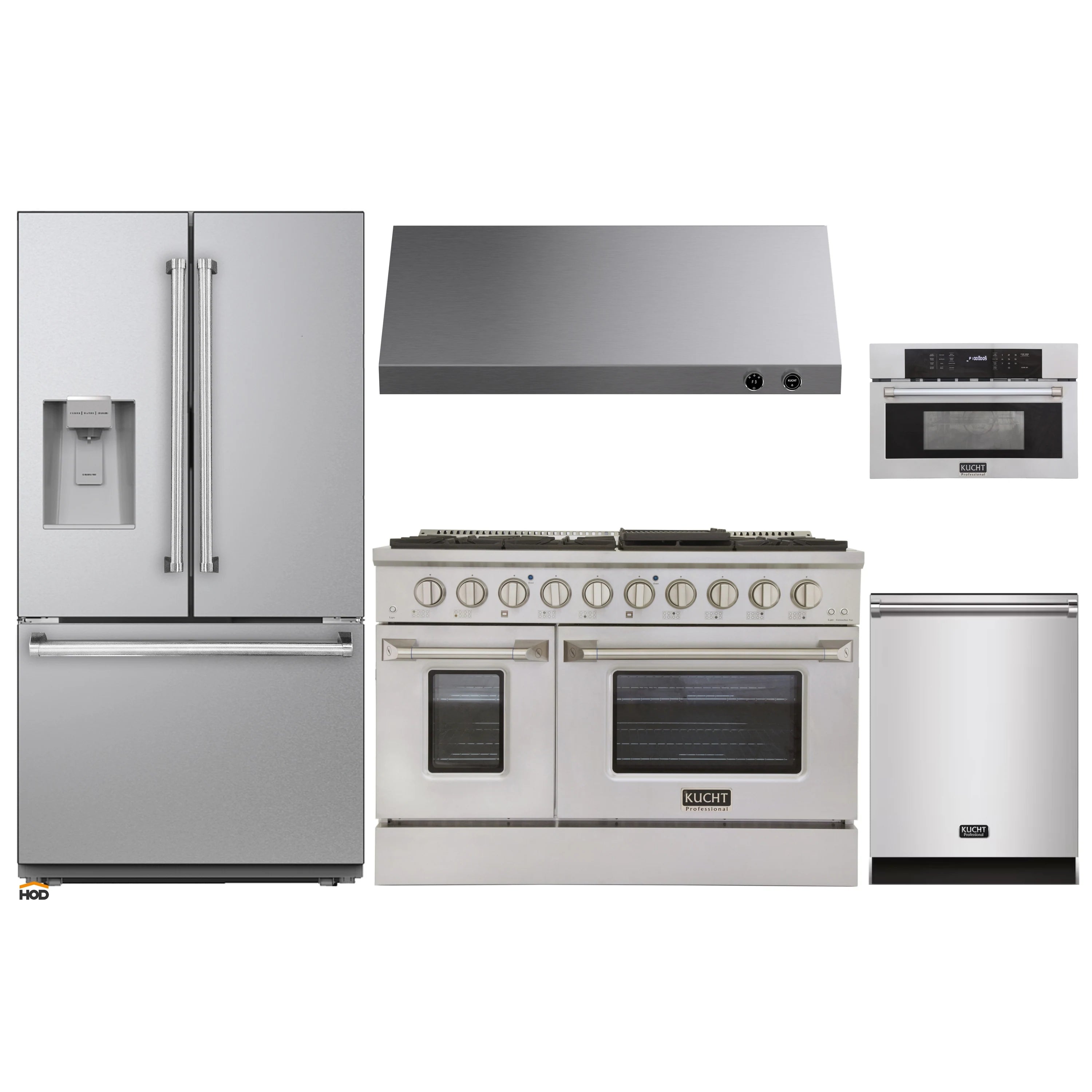 Stainless appliance package with refrigerator, gas range, dishwasher, and microwave wall oven