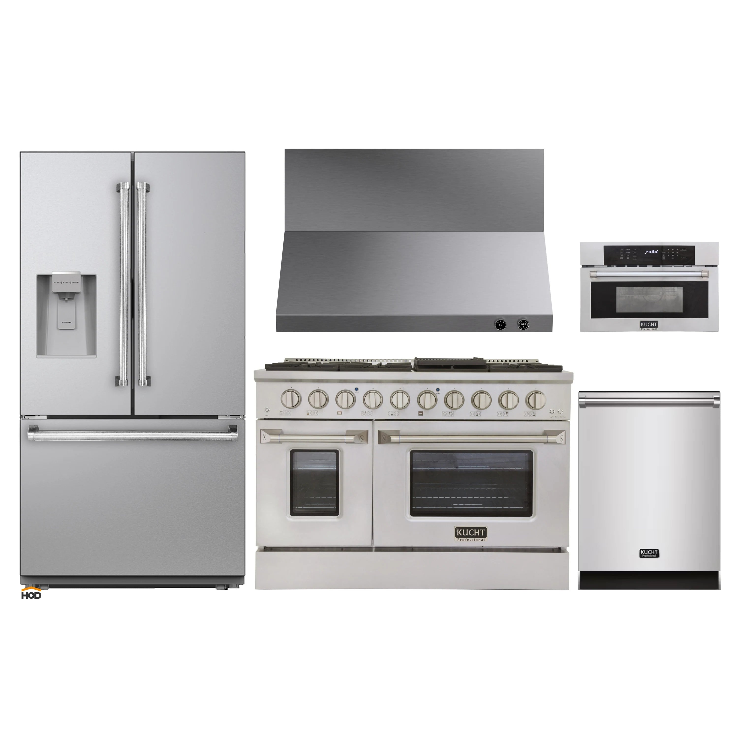 Stainless steel appliance package set with refrigerator, range, and oven units