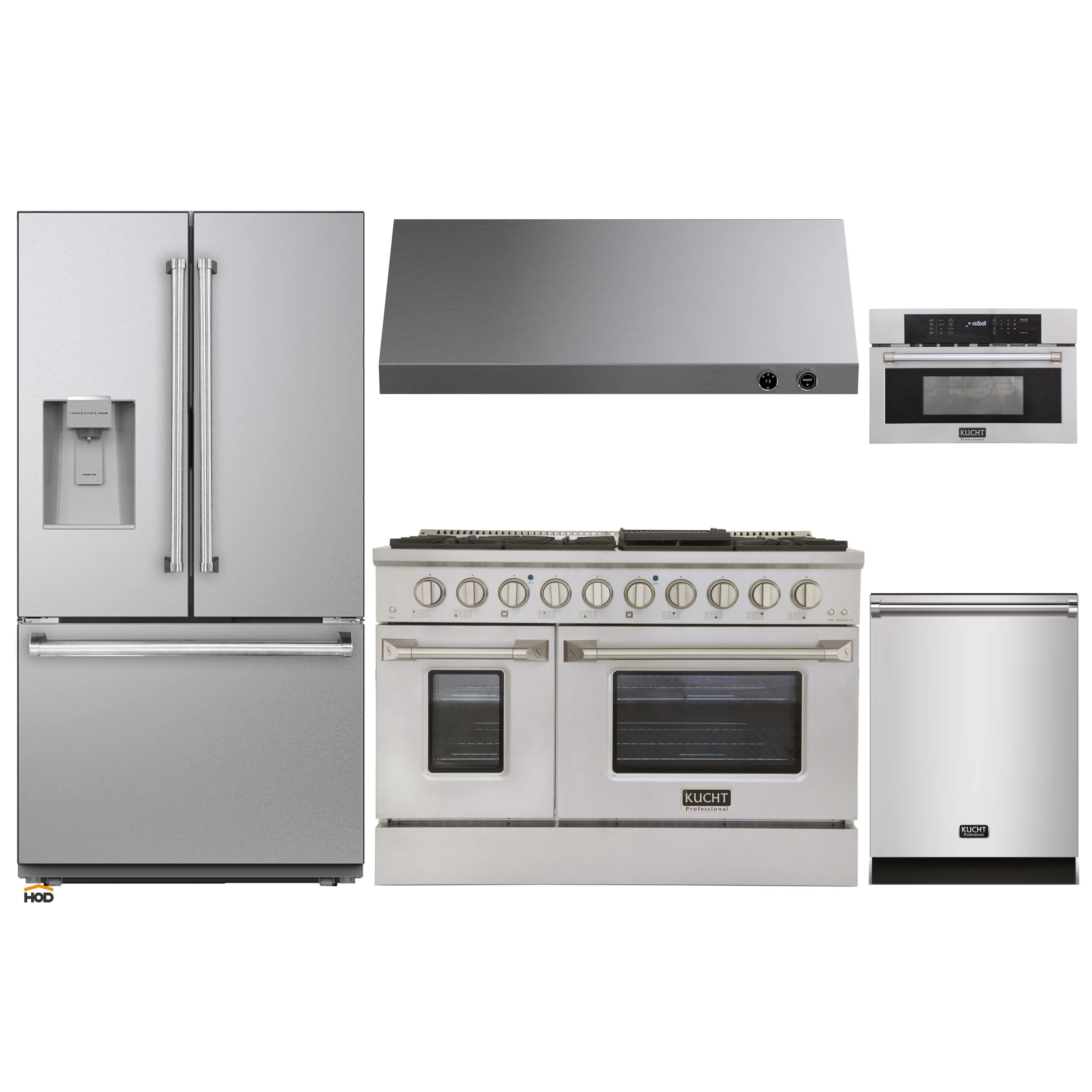 Kitchen appliance set with refrigerator, gas range, dishwasher, and over-range hood