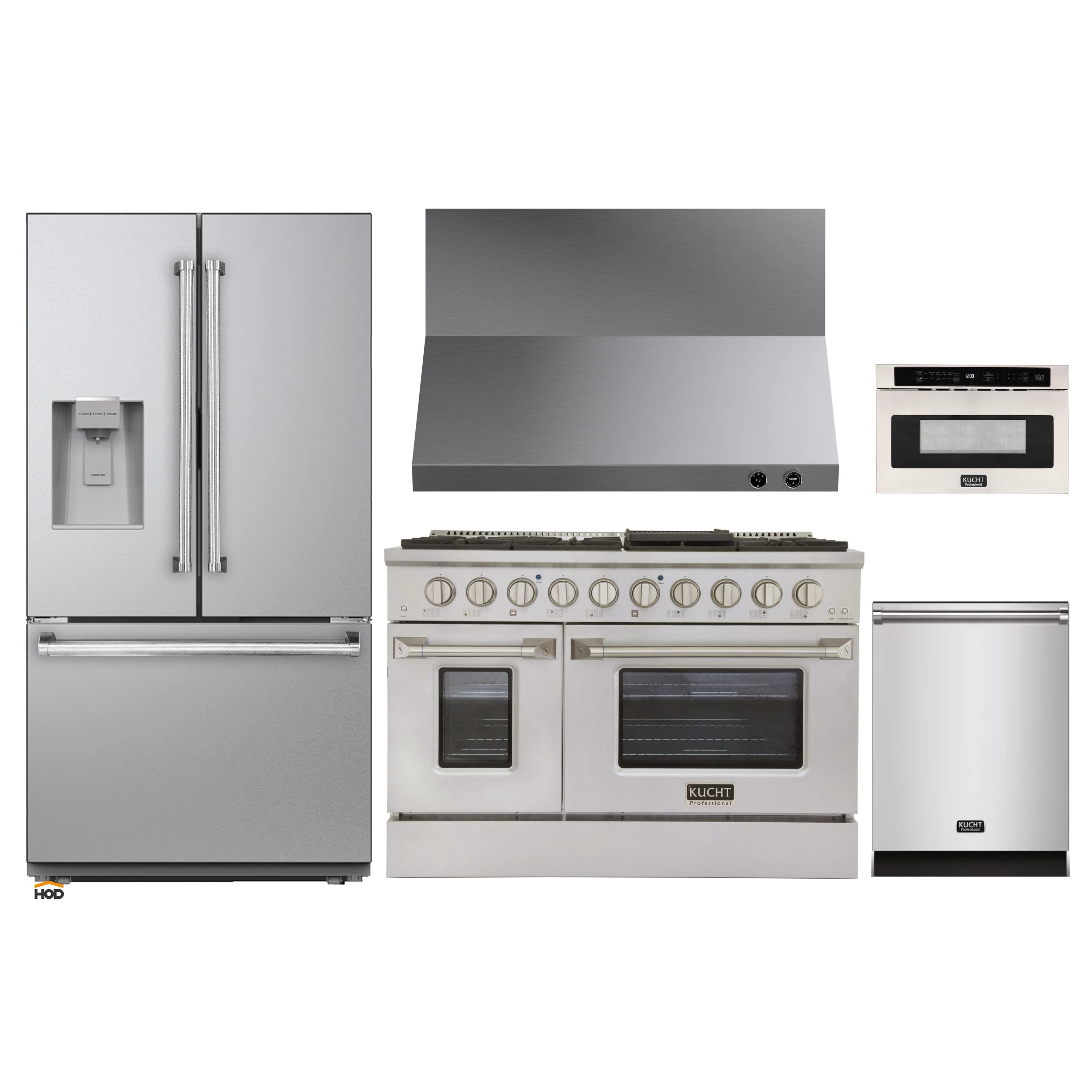 Stainless Kucht appliance set with refrigerator, range, hood, microwave drawer, dishwasher
