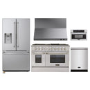 Kucht 5-Piece Appliance Package - 48-Inch Propane Gas Range with 6.7 Cu. Ft. Oven, 36-Inch Refrigerator with Water Dispenser, Dishwasher, Wall Mount Range Hood, & Microwave Wall Oven in Stainless Steel