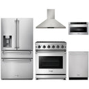 Thor Kitchen 5-Piece Appliance Package - 30-Inch Propane Gas Range, Refrigerator with Water Dispenser, Wall Mount Hood, Dishwasher, & Microwave Drawer in Stainless Steel