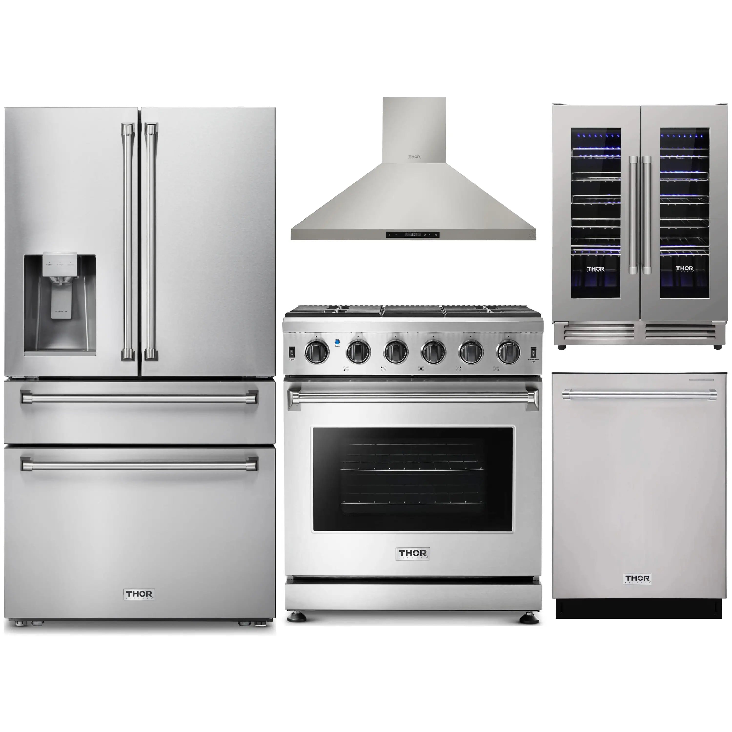 Stainless steel 5-piece kitchen appliance package with range, fridge, hood, dishwasher, wine cooler