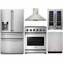Thor Kitchen 5-Piece Appliance Package - 30-Inch Propane Gas Range, Refrigerator with Water Dispenser, Wall Mount Hood, Dishwasher, & Wine Cooler in Stainless Steel