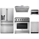Thor Kitchen 5-Piece Appliance Package - 36-Inch Propane Gas Range, Refrigerator with Water Dispenser, Under Cabinet Hood, Dishwasher, & Microwave Drawer in Stainless Steel