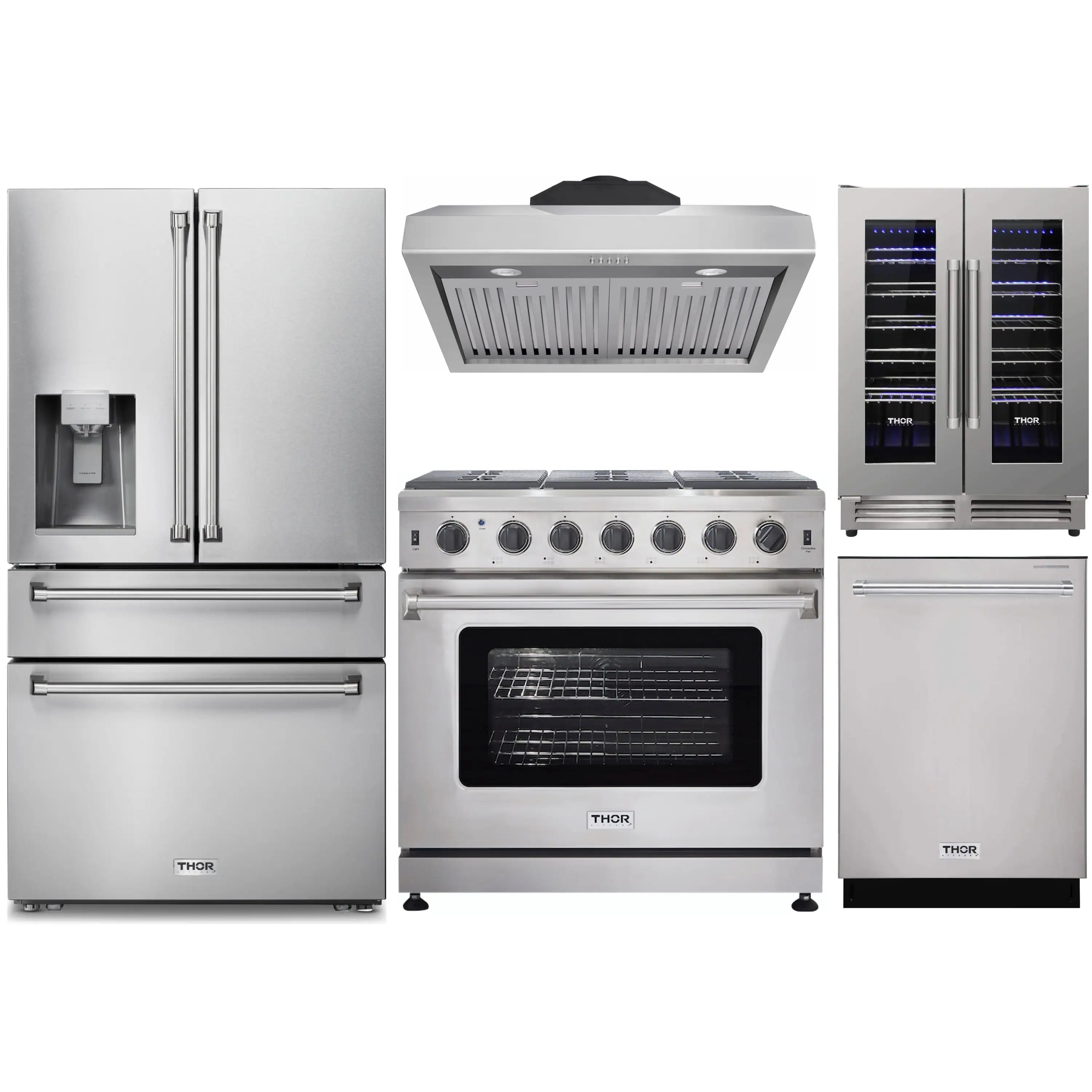 Stainless steel 5-piece appliance package: fridge, gas range, hood, dishwasher, wine cooler