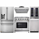 Thor Kitchen 5-Piece Appliance Package - 36-Inch Propane Gas Range, Refrigerator with Water Dispenser, Under Cabinet Hood, Dishwasher, & Wine Cooler in Stainless Steel