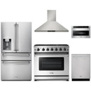 Thor Kitchen 5-Piece Appliance Package - 36-Inch Propane Gas Range, Refrigerator with Water Dispenser, Wall Mount Hood, Dishwasher, & Microwave Drawer in Stainless Steel