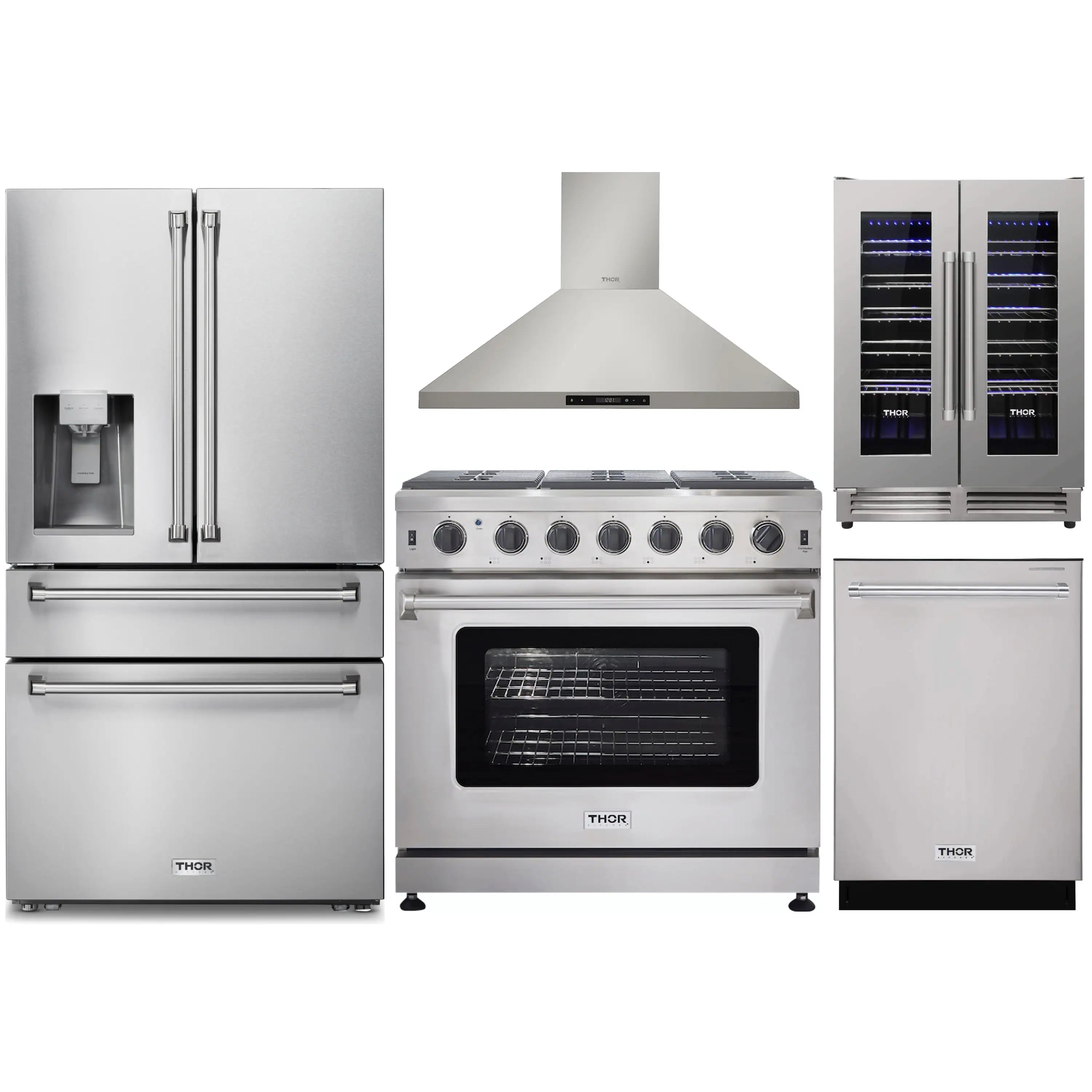 Stainless steel 5-piece appliance package: fridge, gas range, hood, dishwasher, wine cooler