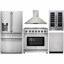Thor Kitchen 5-Piece Appliance Package - 36-Inch Propane Gas Range, Refrigerator with Water Dispenser, Wall Mount Hood, Dishwasher, & Wine Cooler in Stainless Steel