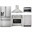 Thor Kitchen 5-Piece Appliance Package - 36-Inch Propane Gas Range, Refrigerator with Water Dispenser, Wall Mount Hood, Dishwasher, & Microwave Drawer in Stainless Steel