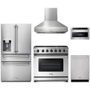 Thor Kitchen 5-Piece Appliance Package - 36-Inch Propane Gas Range, Refrigerator with Water Dispenser, Pro-Style Wall Mount Hood, Dishwasher, & Microwave Drawer in Stainless Steel