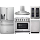 Thor Kitchen 5-Piece Appliance Package - 36-Inch Gas Range, Refrigerator with Water Dispenser, Pro-Style Wall Mount Hood, Dishwasher, & Wine Cooler in Stainless Steel