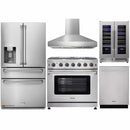 Thor Kitchen 5-Piece Appliance Package - 36-Inch Propane Gas Range, Refrigerator with Water Dispenser, Pro-Style Wall Mount Hood, Dishwasher, & Wine Cooler in Stainless Steel