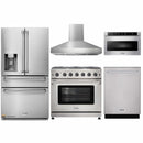Thor Kitchen 5-Piece Appliance Package - 36-Inch Propane Gas Range, Refrigerator with Water Dispenser, Pro-Style Wall Mount Hood, Dishwasher, & Microwave Drawer in Stainless Steel