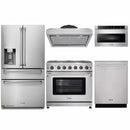Thor Kitchen 5-Piece Appliance Package - 36-Inch Propane Gas Range, Refrigerator with Water Dispenser, Under Cabinet Hood, Dishwasher, & Microwave Drawer in Stainless Steel