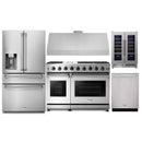 Thor Kitchen 5-Piece Appliance Package - 48-Inch Gas Range, Under Cabinet 11-Inch Tall Hood, Refrigerator with Water Dispenser, Dishwasher, & Wine Cooler in Stainless Steel
