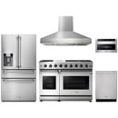 Thor Kitchen 5-Piece Appliance Package - 48-Inch Propane Gas Range, Refrigerator with Water Dispenser, Pro Wall Mount Hood, Dishwasher, & Microwave Drawer in Stainless Steel