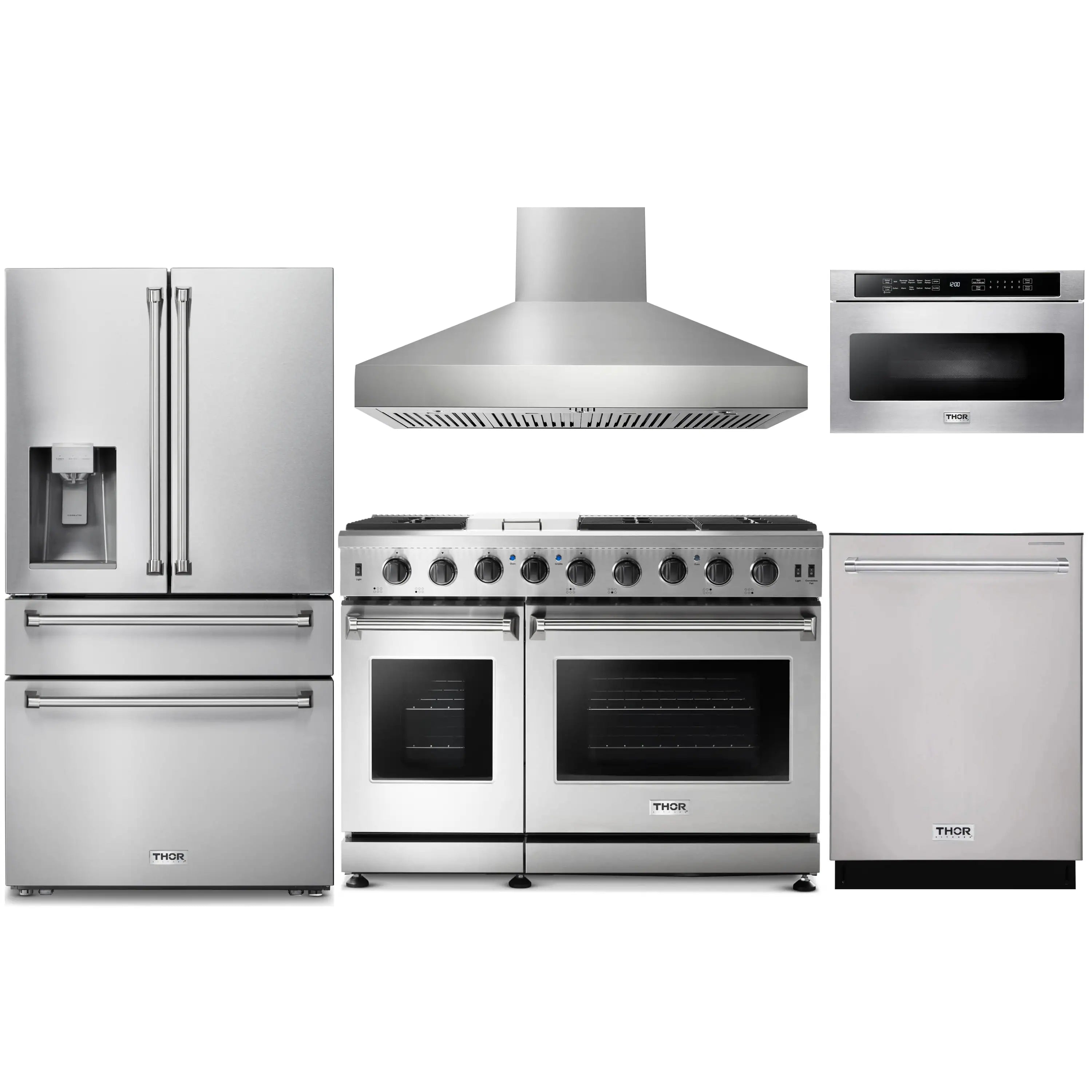 Stainless steel kitchen appliance package with refrigerator, gas range, wall hood, and dishwasher