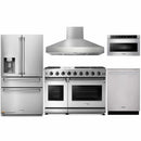Thor Kitchen 5-Piece Appliance Package - 48-Inch Propane Gas Range, Refrigerator with Water Dispenser, Pro Wall Mount Hood, Dishwasher, & Microwave Drawer in Stainless Steel