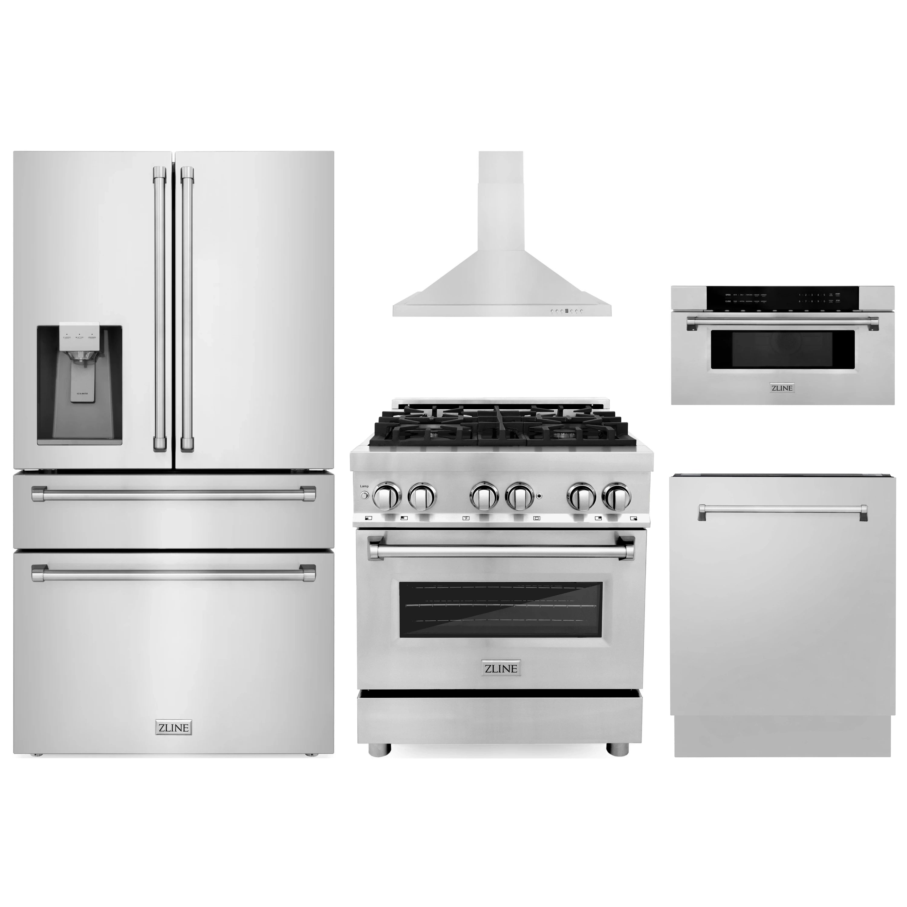 Stainless steel appliance package showing refrigerator, range, hood, microwave, dishwasher