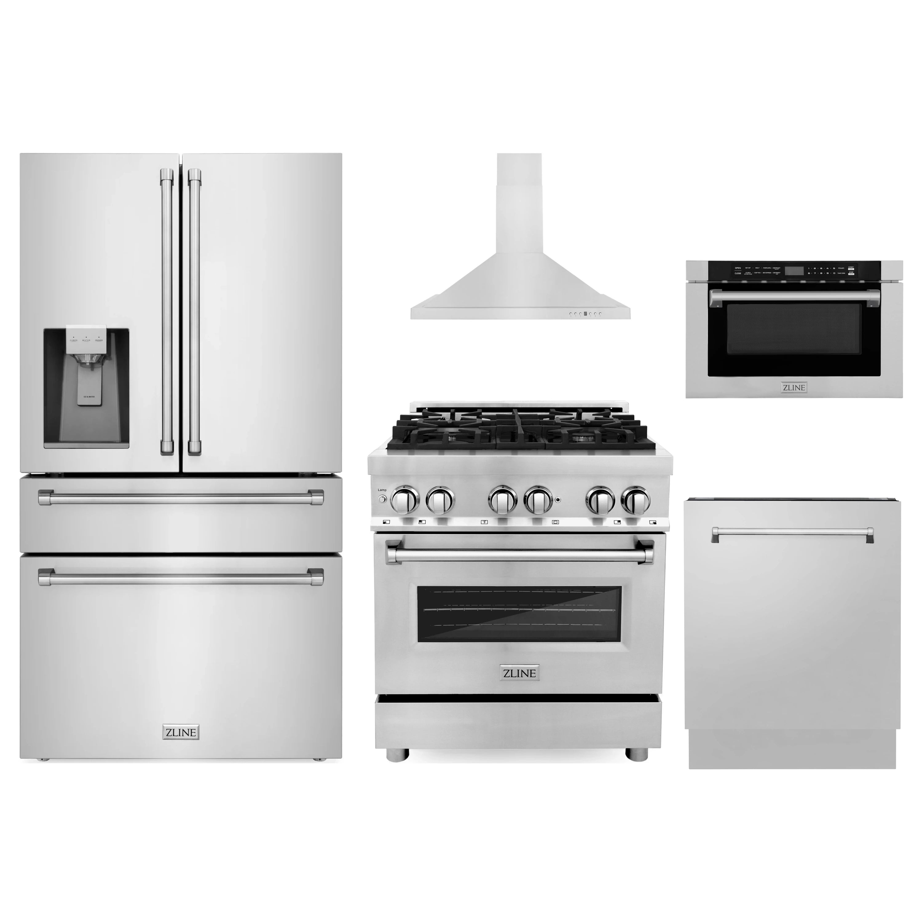 Stainless steel 5-piece kitchen appliance set: fridge, range, hood, dishwasher, microwave
