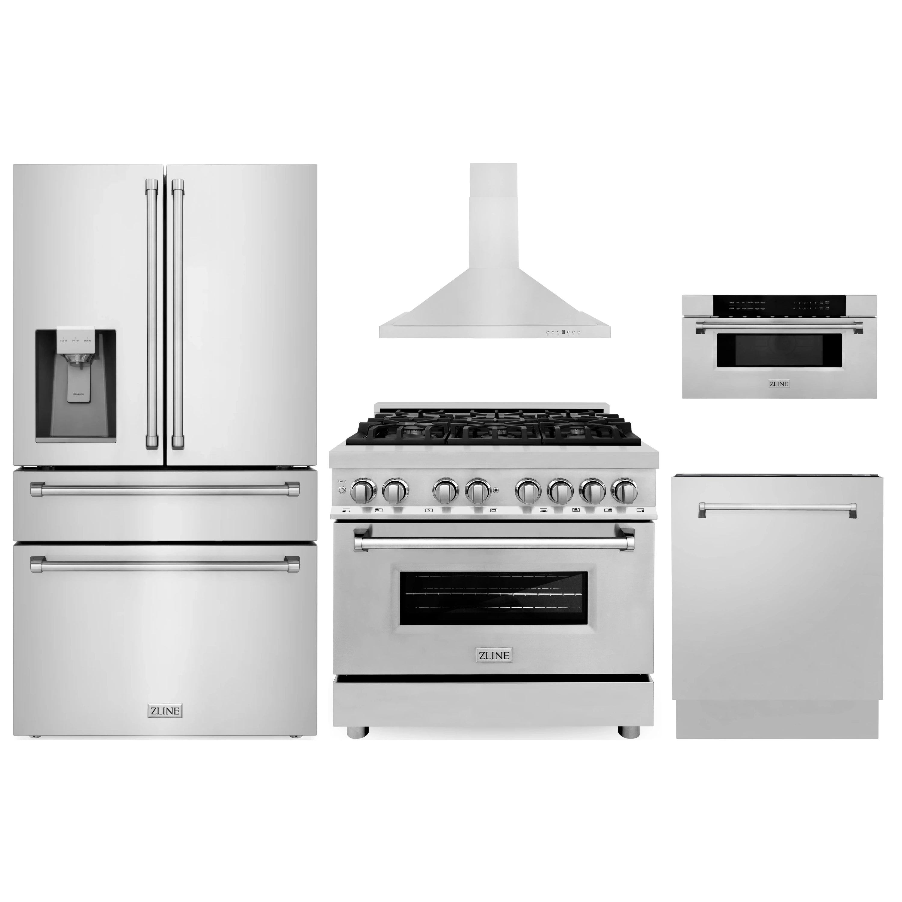Stainless steel appliance package featuring refrigerator, range, hood, and microwave drawer