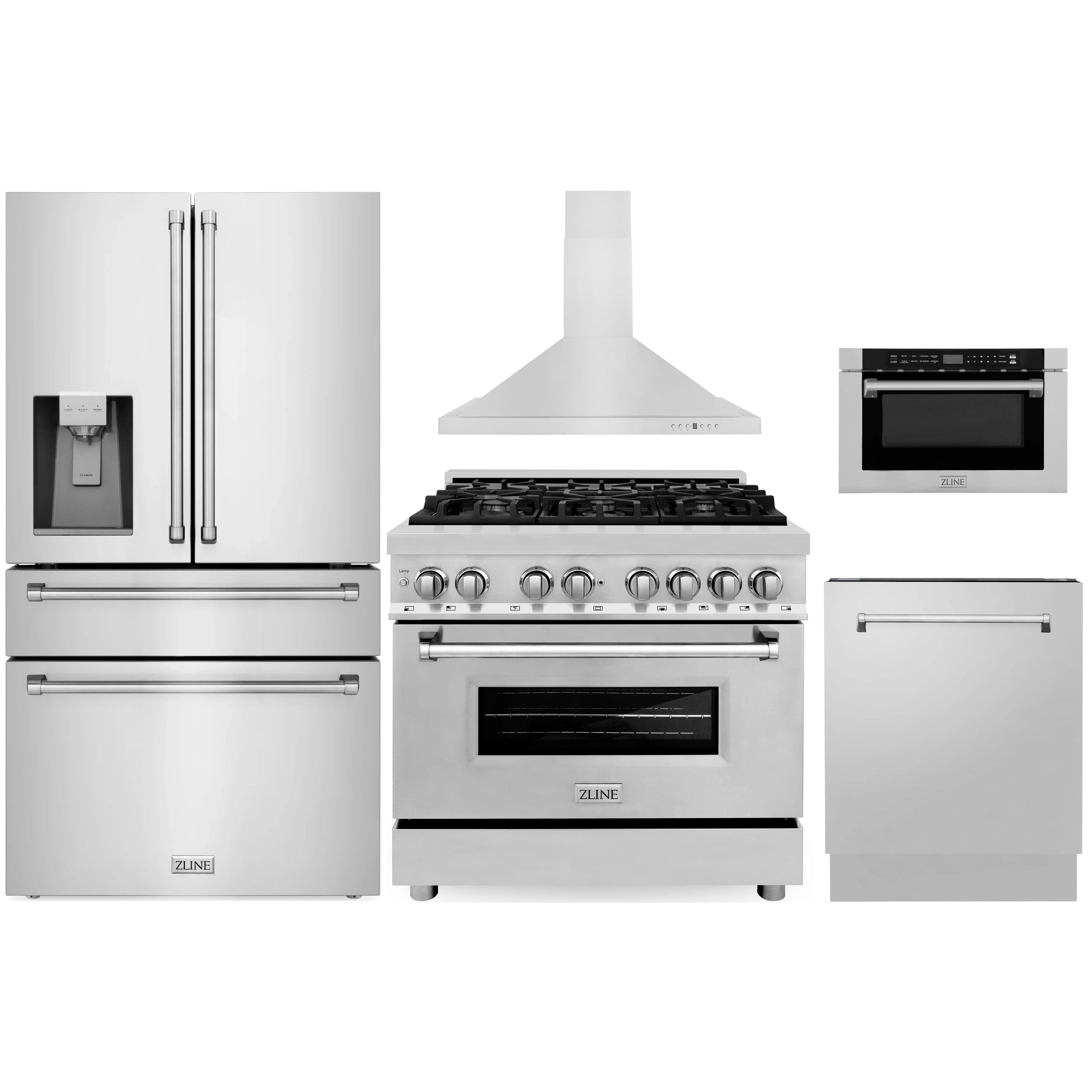 Stainless steel appliance package: range, hood, refrigerator, dishwasher, microwave
