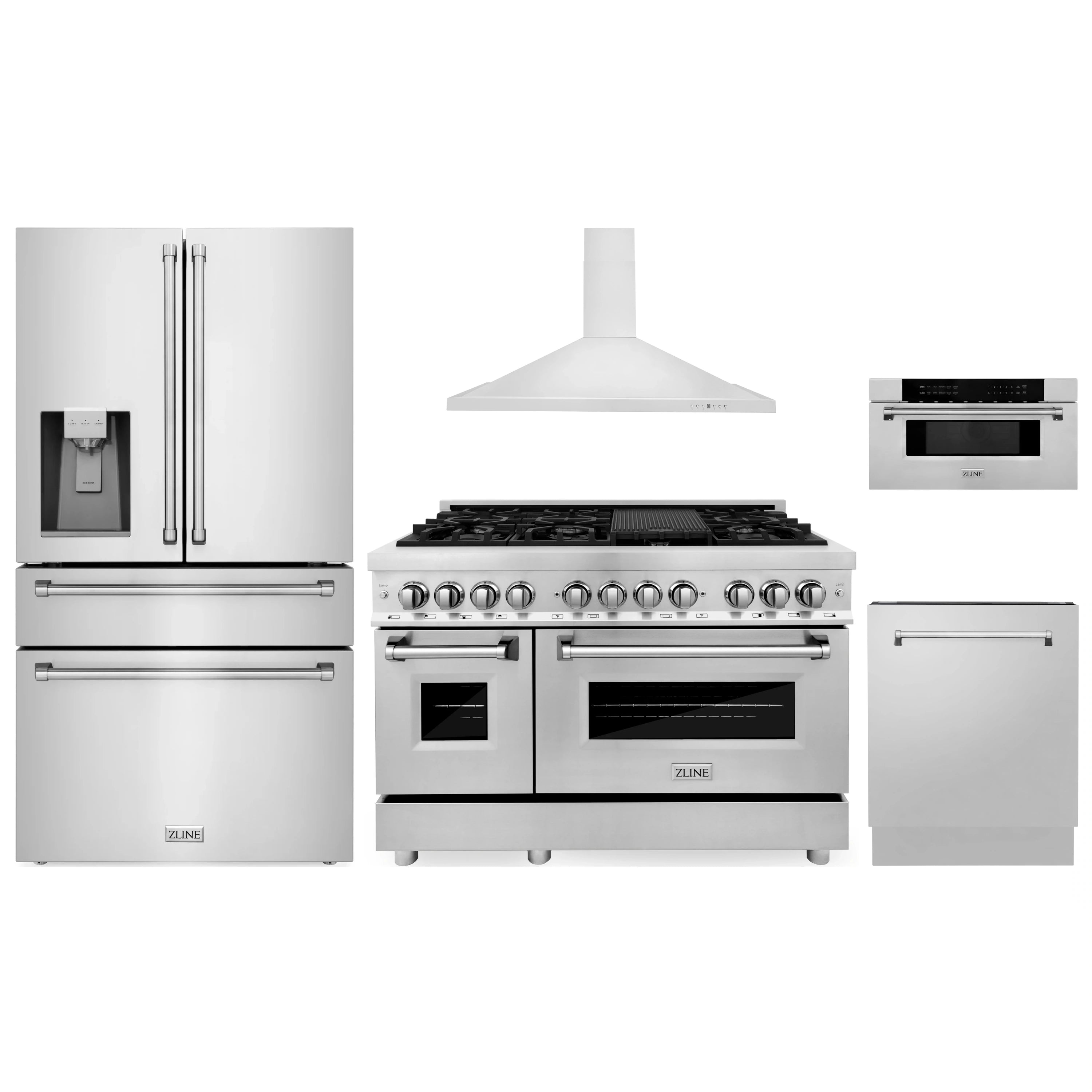 Stainless steel kitchen appliance set with dual fuel range, hood, and refrigerator