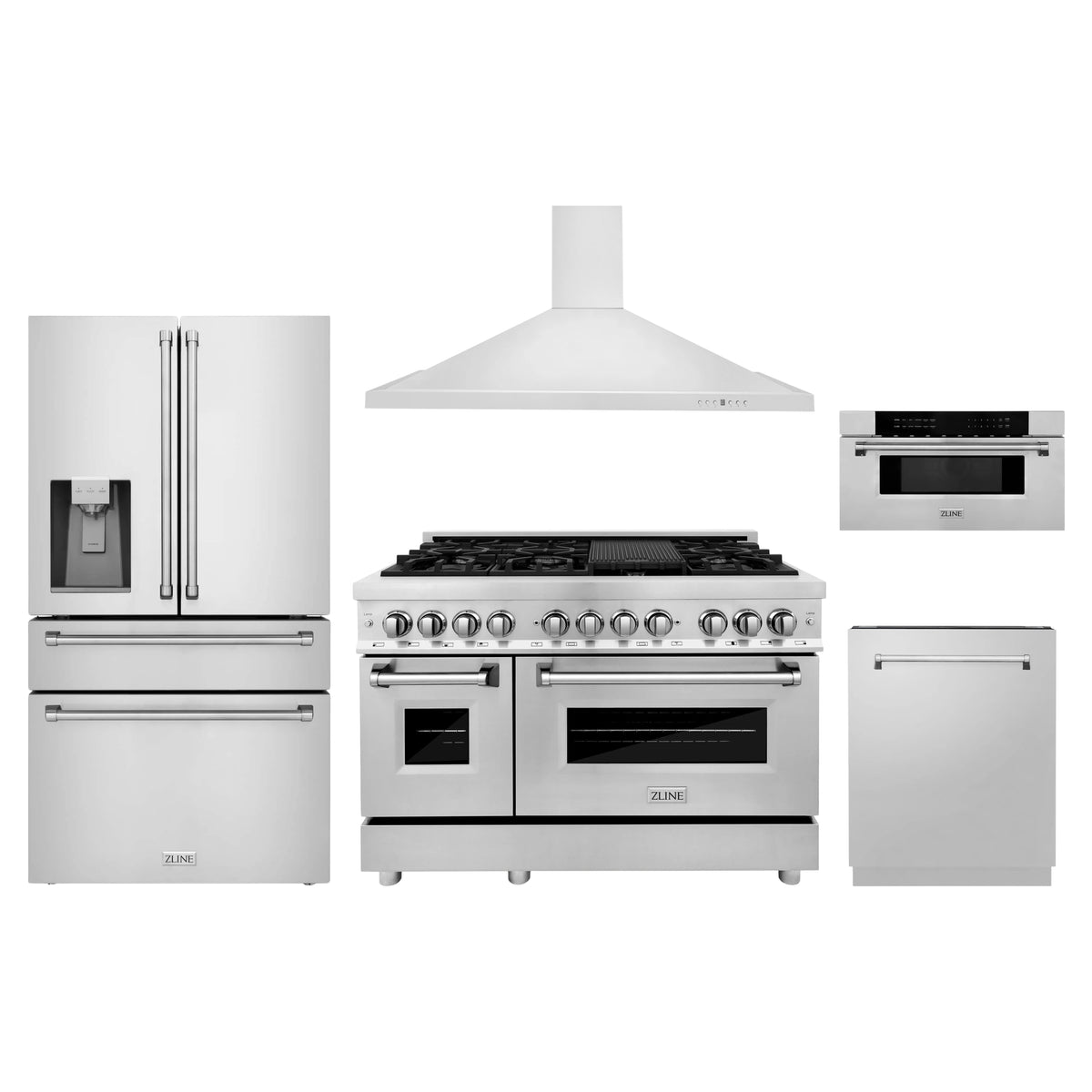 ZLINE 5-Piece Appliance Package - 48-Inch Legacy Dual Fuel Range, Wall Mount Range Hood, 36-Inch French Door Refrigerator with Water Dispenser, Dishwasher, and 30-Inch Microwave Drawer in Stainless Steel