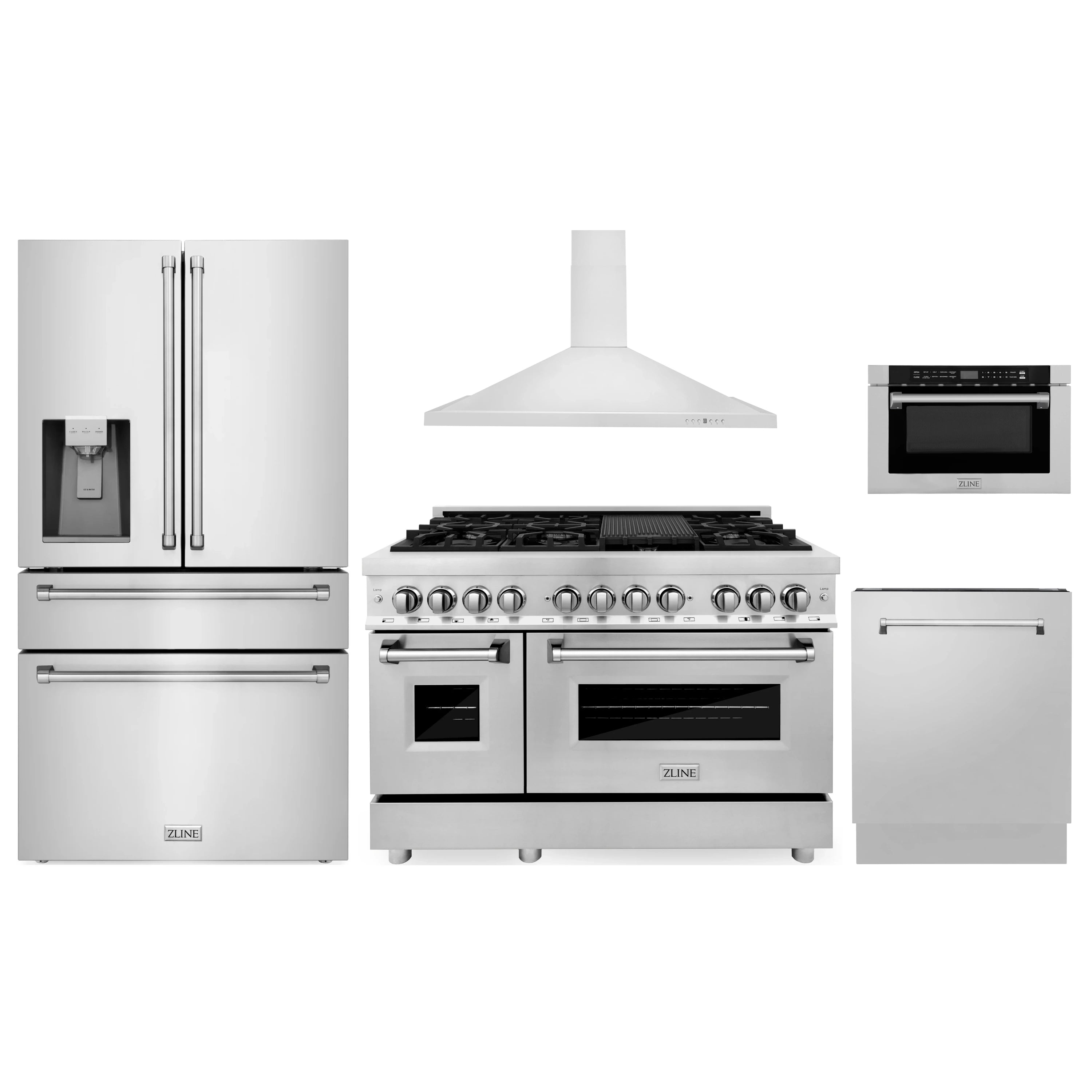 Stainless steel appliance package with refrigerator, range, hood, microwave, and dishwasher