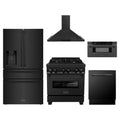 ZLINE 5-Piece Appliance Package - 30-Inch Legacy Dual Fuel Range, Wall Mount Range Hood, 36-Inch French Door Refrigerator with Water Dispenser, Dishwasher, and 30-Inch Microwave Drawer in Black Stainless Steel