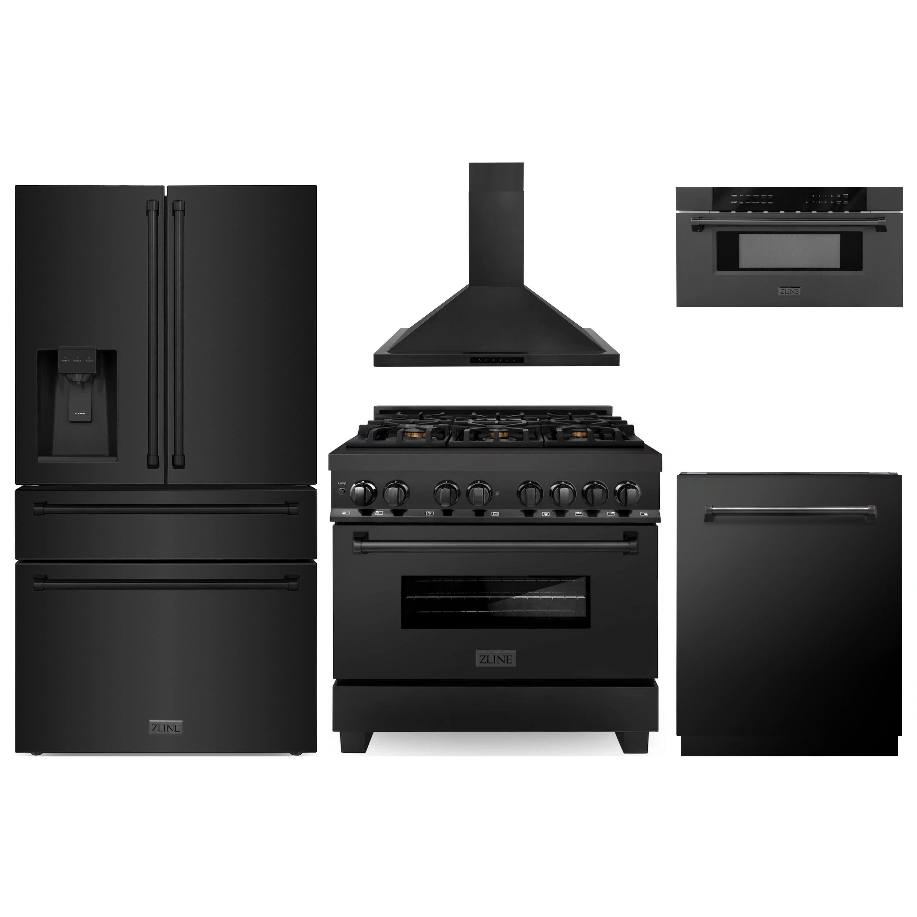 ZLINE 5-piece appliance package in black: range, range hood, refrigerator, dishwasher, microwave