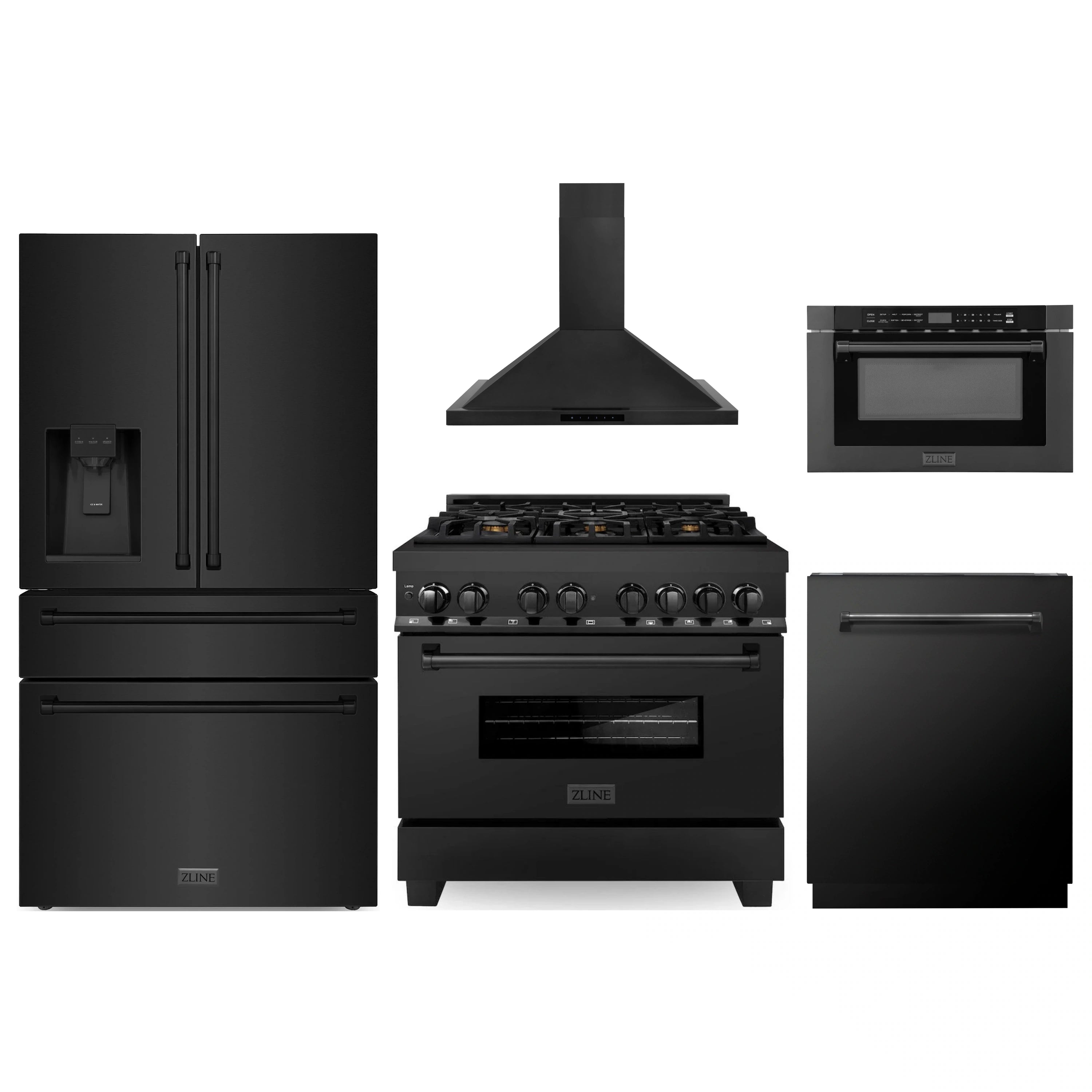 Black stainless steel appliance package with refrigerator, range, hood, microwave drawer, dishwasher