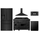 ZLINE 5-Piece Appliance Package - 48-Inch Legacy Dual Fuel Range, Wall Mount Range Hood, 36-Inch French Door Refrigerator with Water Dispenser, Dishwasher, and 30-Inch Microwave Drawer in Black Stainless Steel