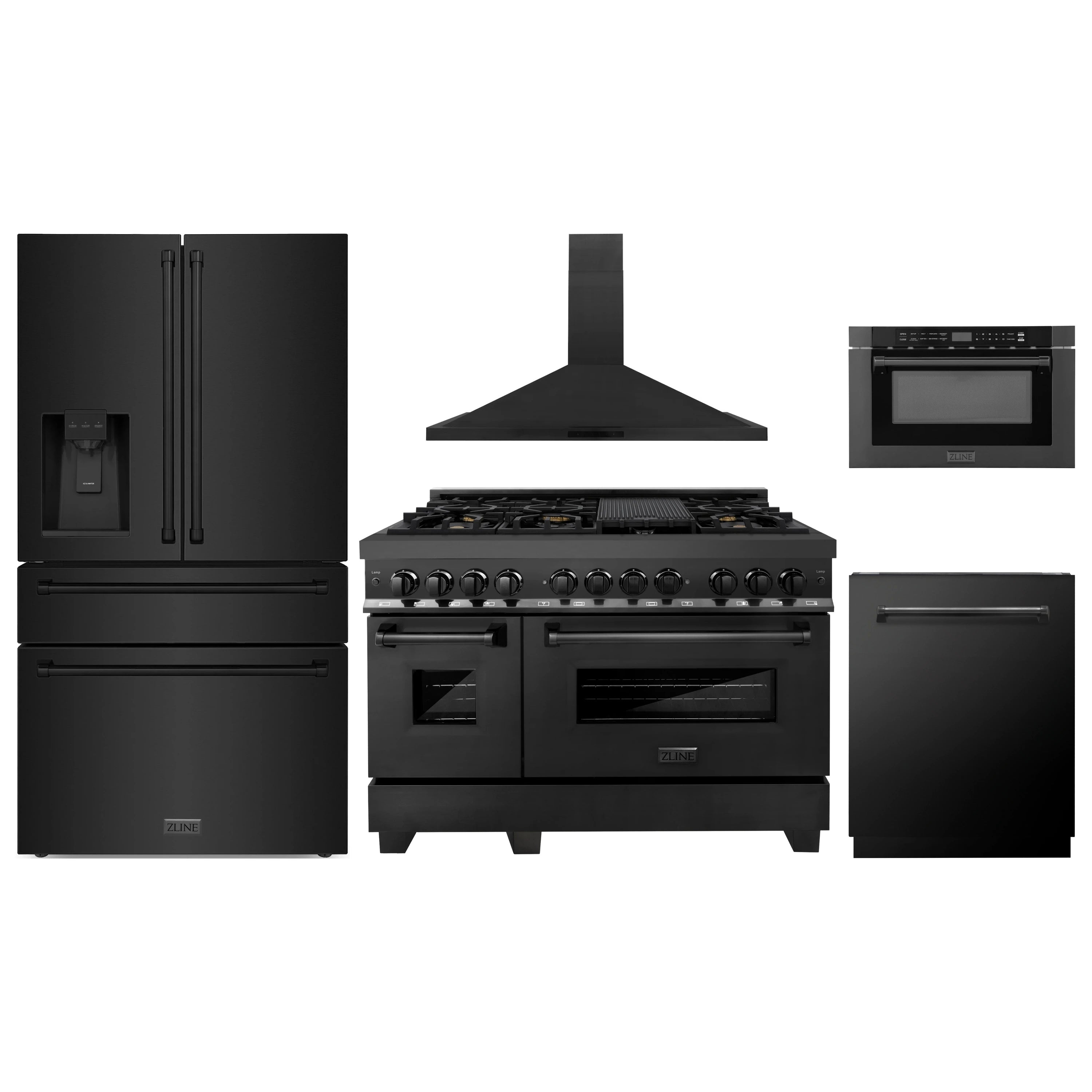 Black stainless 5-piece appliance package: refrigerator, range, hood, microwave drawer, dishwasher