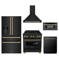 ZLINE 5-Piece Appliance Package - 30-Inch Legacy Dual Fuel Range, Wall Mount Range Hood, 36-Inch French Door Refrigerator with Water Dispenser, Dishwasher, and 30-Inch Microwave Drawer in Black Stainless Steel with Champagne Bronze Accents